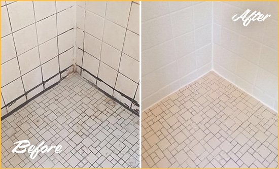 Before and After Picture of Grout Recaulking on a Shower with Mold and Mildew