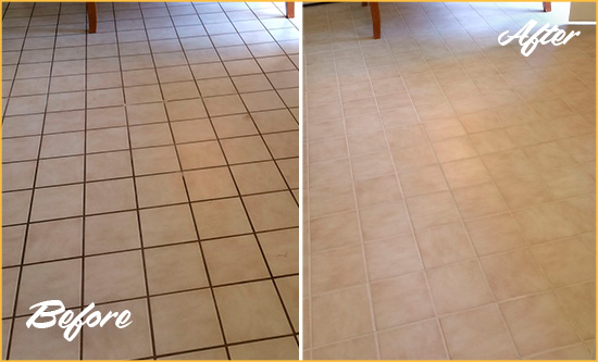 Before and After Picture of a Murray Kitchen Tile and Grout Cleaned to Remove Embedded Dirt