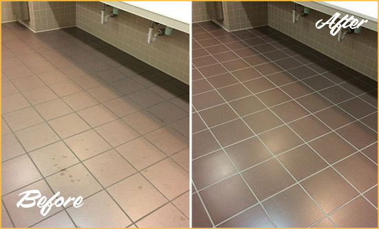 Before and After Picture of a Murray Restrooms Tile and Grout Cleaned to Remove Embedded Dirt