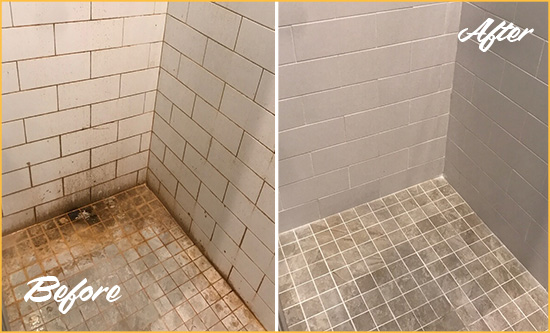 Before and After Picture of a Murray Shower Tile and Grout Cleaned to Eliminate Mold and Stains