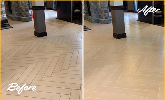 Before and After Picture of a Murray Office Floor Tile and Grout Cleaned to Remove Stains
