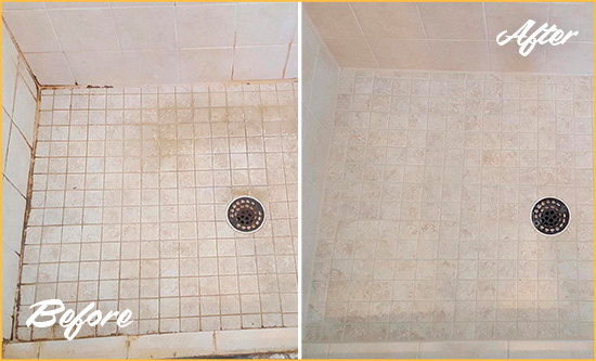 Before and After Picture of a Millcreek Shower Caulked to Fix Cracks