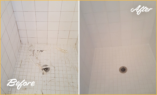 Before and After Picture of a Millcreek Bathroom Re-Caulked To Repair Damaged Caulking