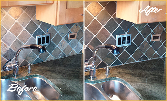 Before and After Picture of a Millcreek Backsplash Caulked to Fix and Prevent Water Leaks