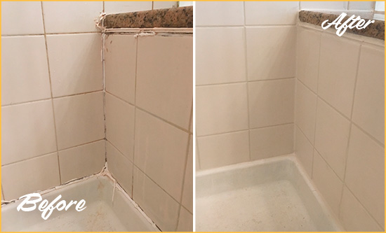 Before and After Picture of a Millcreek Shower Caulked to Repair Damaged Caulking