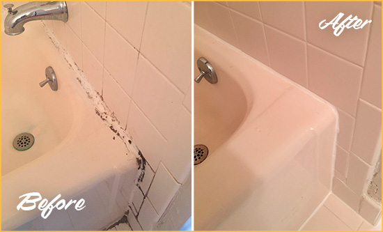 Before and After Picture of a Millcreek Bathroom Sink Caulked to Fix a DIY Proyect Gone Wrong