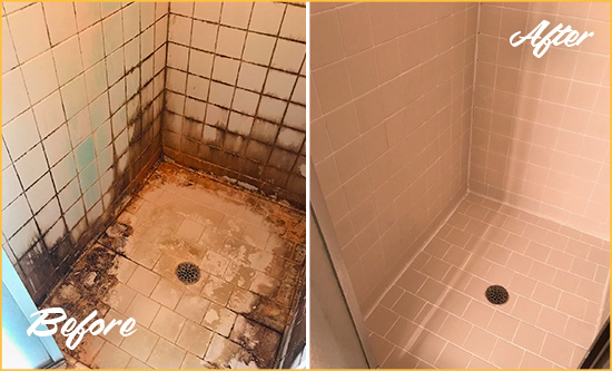 Before and After Picture of a Millcreek Shower Caulked to Fix and Prevent Water Damage