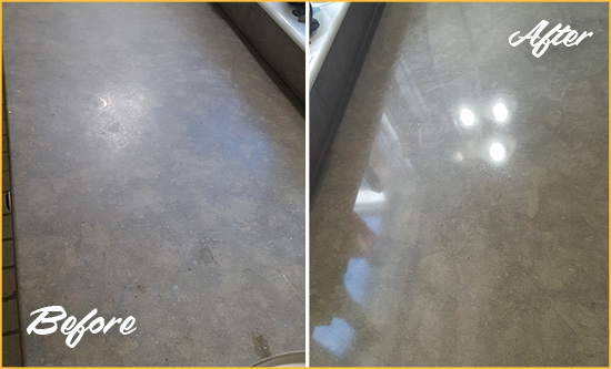 Before and After Picture of a Dull Draper Limestone Countertop Polished to Recover Its Color