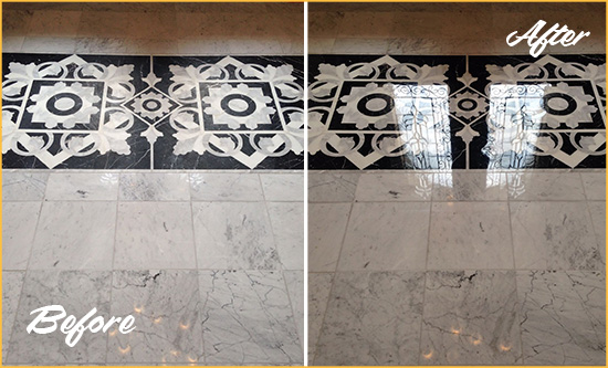 Before and After Picture of a Draper Marble Stone Floor Polished to a Mirror Shine