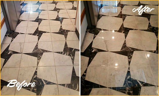 Before and After Picture of a Dull Draper Marble Stone Floor Polished To Recover Its Luster