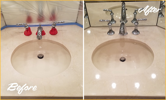Before and After Picture of a Dull Draper Marble Stone Vanity Top Polished to Bring-Back Its Sheen