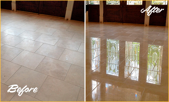 Before and After Picture of a Dull Draper Travertine Stone Floor Polished to Recover Its Gloss
