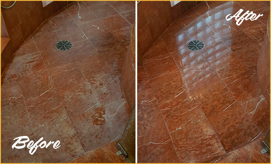 Before and After Picture of a Draper Marble Stone Shower Polished to Eliminate Mineral Deposits