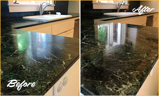 Before and After Picture of a Draper Marble Stone Counter Polished to Eliminate Water Marks