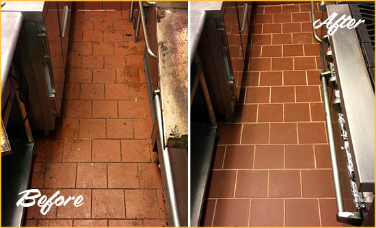 Before and After Picture of a Midvale Restaurant Kitchen Floor Sealed to Remove Soil