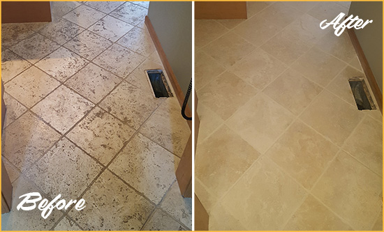 Before and After Picture of a Draper Kitchen Marble Floor Cleaned to Remove Embedded Dirt