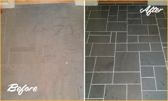Before and After Picture of a Draper Slate Floor Cleaned to Remove Deep-Seated Dirt