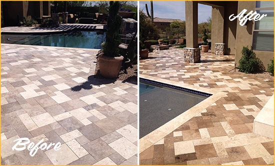 Before and After Picture of a Dull Draper Travertine Pool Deck Cleaned to Recover Its Original Colors
