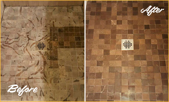 Before and After Picture of a Stained Draper Marble Shower Floor Cleaned to Remove Etching