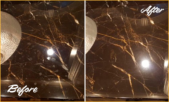 Before and After Picture of a Draper Marble Countertop Cleaned to Remove Water Spots