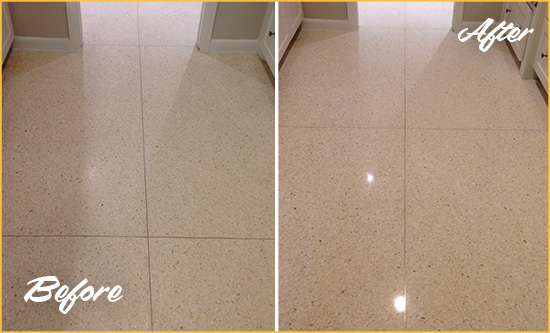 Before and After Picture of a Copperton Granite Floor Sealed for Stone Protection