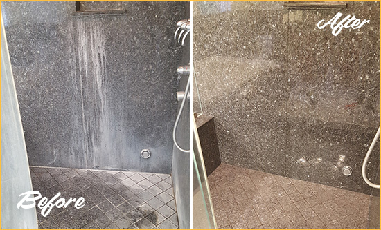 Before and After Picture of a Copperton Granite Shower Stone Sealed to Avoid Mineral Deposits
