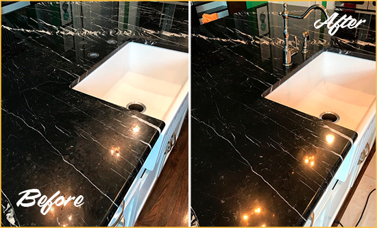 Before and After Picture of a Copperton Marble Kitchen Countertop Stone Sealed to Avoid Water Damage