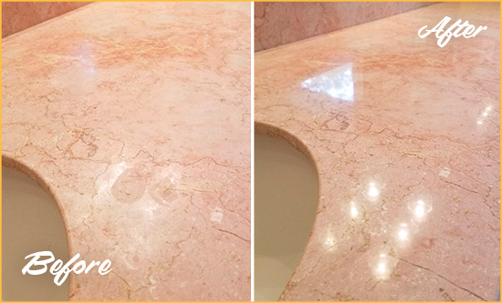 Before and After Picture of a Copperton Marble Stone Vanity Top Sealed to Avoid Water Marks
