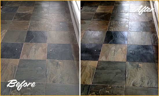 Before and After Picture of a Copperton Slate Stone Floor Sealed to Eliminate Dullness