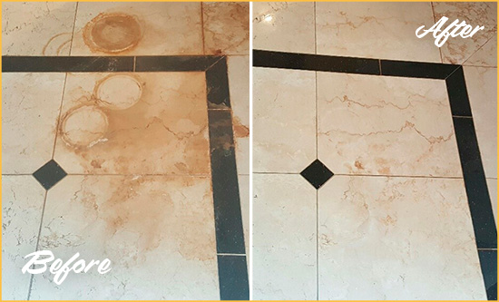 Before and After Picture of a Murray Marble Floor Honed to Remove Rust Stains