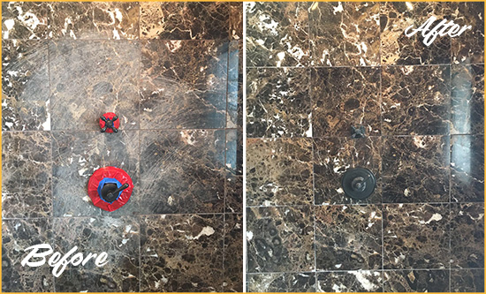 Before and After Picture of a Murray Marble Shower Honed to Remove Scratches