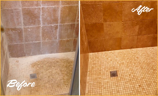 Before and After Picture of a Murray Travertine Shower Honed to Remove Mineral Deposits