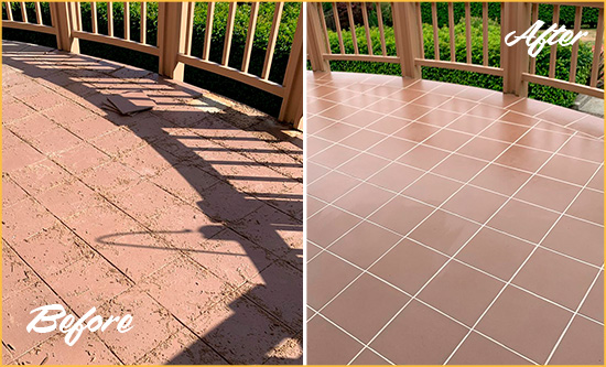Before and After Picture of a Murray Hard Surface Restoration Service on a Tiled Deck