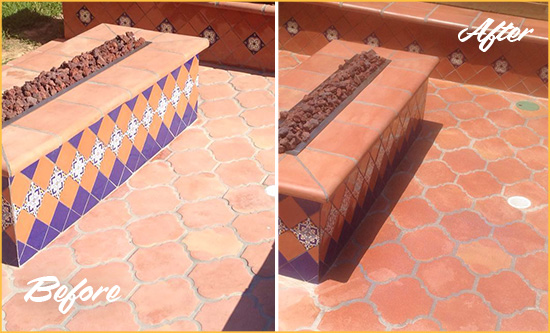 Before and After Picture of a Murray Hard Surface Restoration Service on a Dull Terracotta Patio Floor to Recover Its Color
