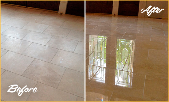 Before and After Picture of a Murray Hard Surface Restoration Service on a Dull Travertine Floor Polished to Recover Its Splendor