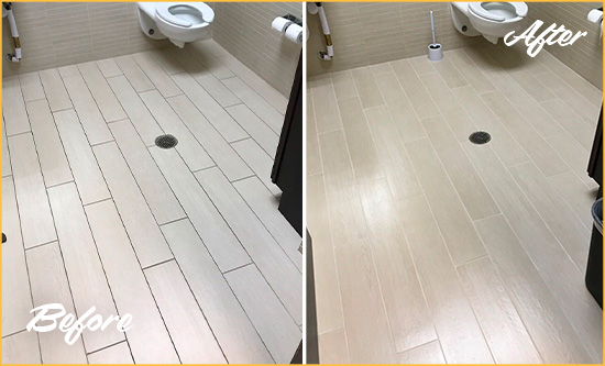 Before and After Picture of a Brighton Office Restroom's Grout Cleaned to Remove Dirt