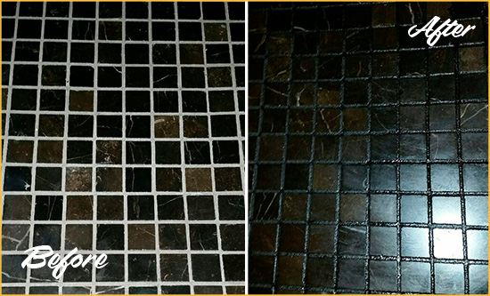 Before and After Picture of a Midvale Black Floor with Recolored Grout