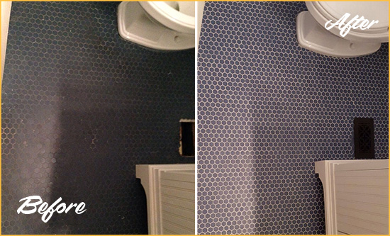 Before and After Picture of a Midvale Blue Tile Floor Recolored Grout