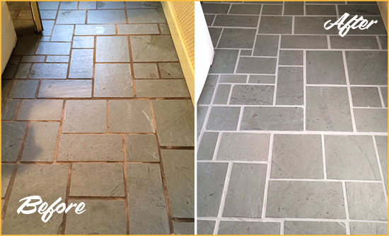 Before and After Picture of Damaged Sandy Slate Floor with Sealed Grout