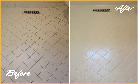 Sir Grout Seals the Grout of this Murray White Bathroom Floor for Extra Protection Before and After Picture of a Murray White Bathroom Floor Grout Sealed for Extra Protection