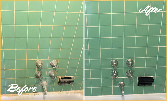 Before and After Picture of a Sandy Bath Tub Grout Sealed to Avoid Water Damage