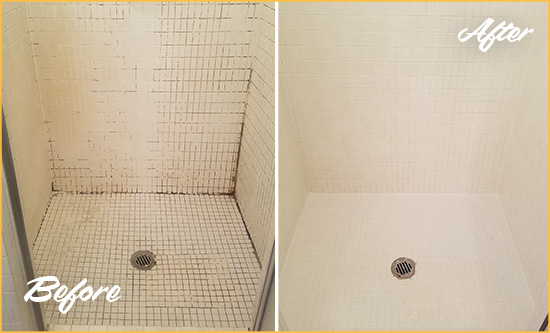 Before and After Picture of a Sandy Bathroom Grout Sealed to Remove Mold