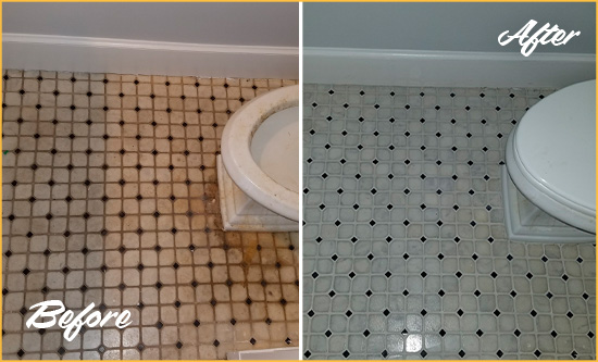 Sir Grout Cleans this Kearns Bathroom Floor to Remove Embedded Dirt Before and After Picture of a Kearns Bathroom Floor Cleaned to Remove Embedded Dirt