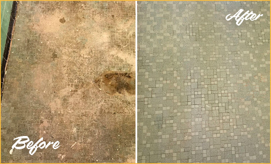 Sir Grout Cleans this Kearns Mosaic Shower Cleaned to Eliminate Embedded Dirt Before and After Picture of a Kearns Mosaic Shower Cleaned to Eliminate Embedded Dirt