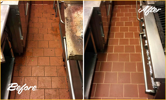 Sir Grout Cleans this Kearns Restaurant Kitchen Floor to Remove Grease Build-Up Before and After Picture of a Dull Kearns Restaurant Kitchen Floor Cleaned to Remove Grease Build-Up