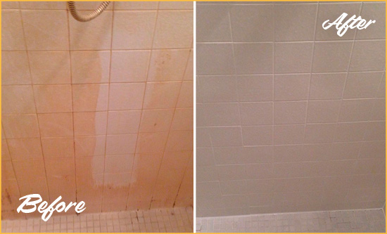 Before and After Picture of a Magna Porcelaine Shower Cleaned to Remove Soap Scum