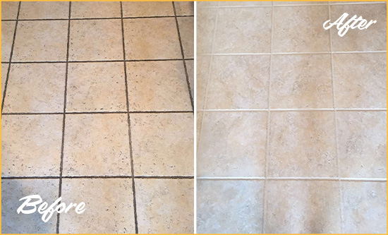 Before and After Picture of a Magna Ceramic Floor Cleaned to Remove Soil