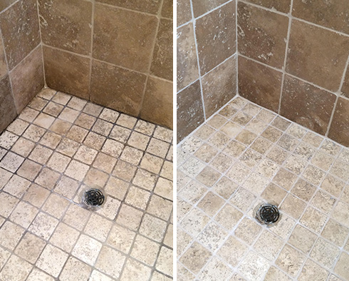 Shower Floor Before and After Our Sandy Grout Cleaning Service