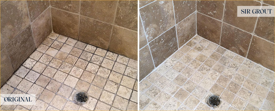 Shower Floor Before and After Our Sandy Grout Cleaning Service
