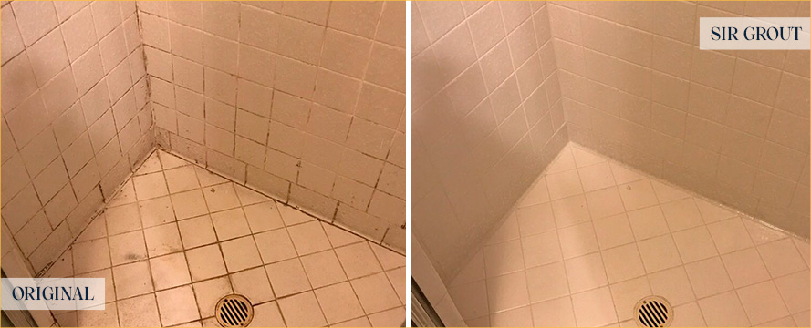 Shower Floor Before and After Our Draper Tile Cleaning Service
